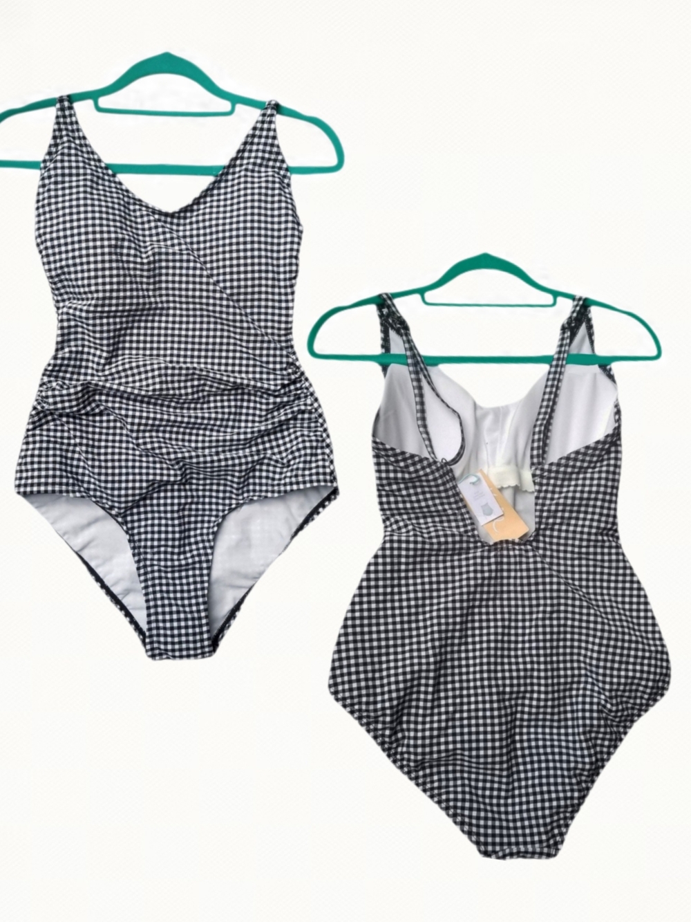 Black/White Textured Gingham One-Piece Swimsuit Full Coverage Bottom Retro 50s